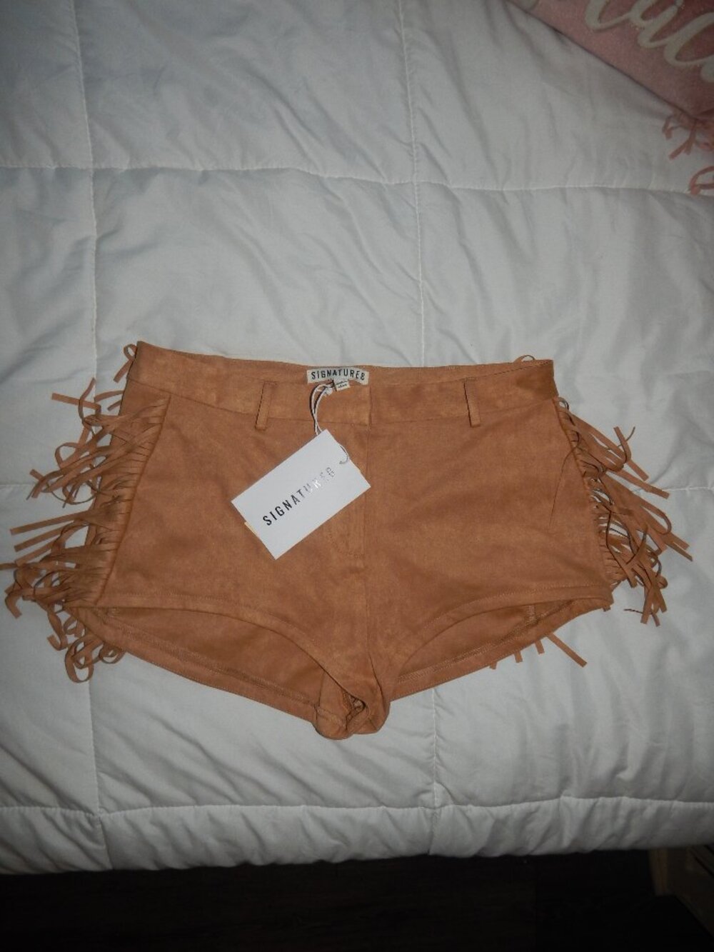 Signature8 Faux Suede Fringe Shorts Camel Brown NWT Size Large